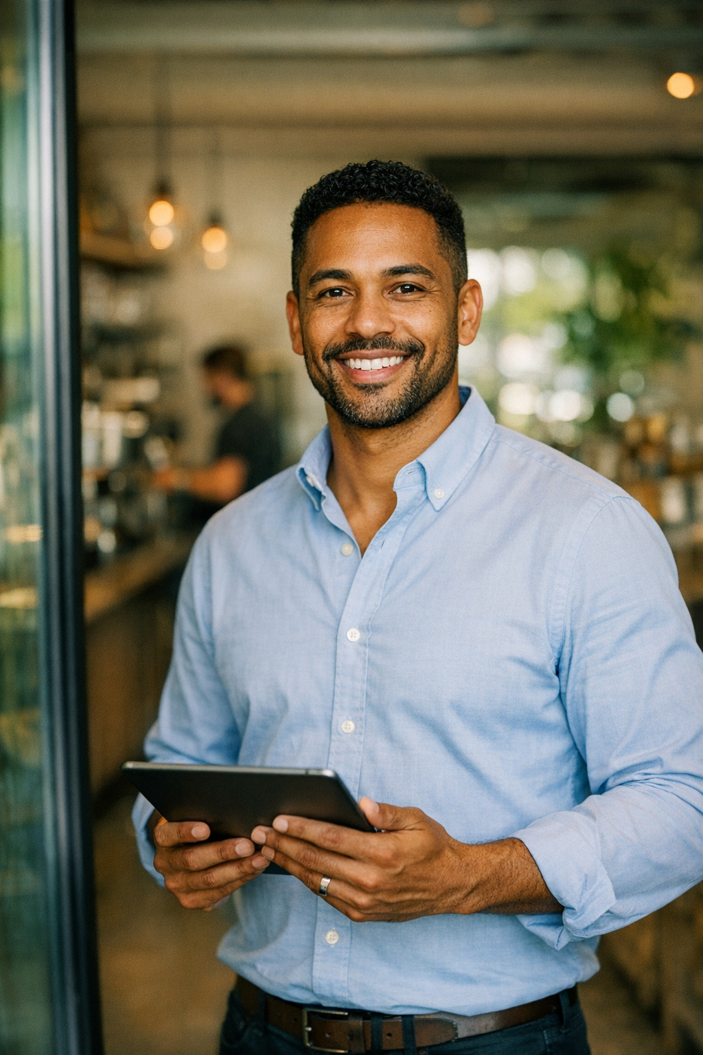 Confident business owner holding a tablet in their modern business