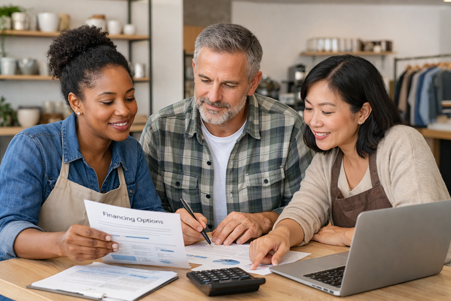 Business owners reviewing financing options